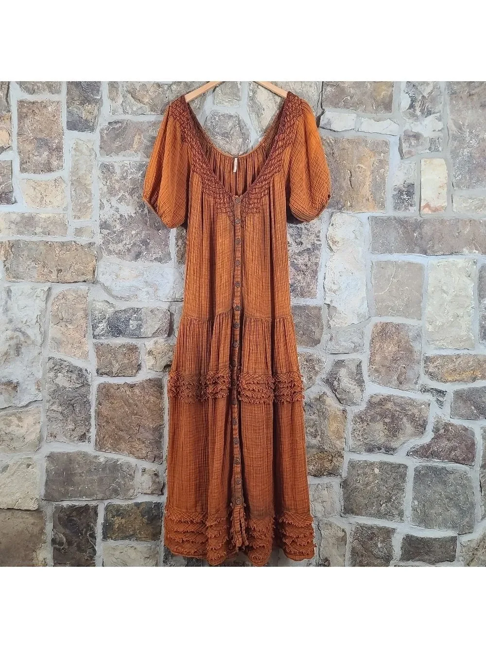 Free People XS Sunday Stroll Smocked Ruffle Boho Oversized Maxi Dress